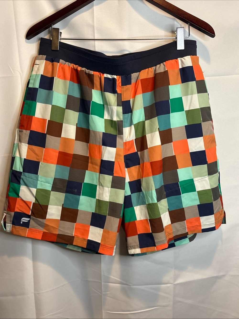 Fabletics Men's Multicolor Check Swim Board Shorts with Navy Waistband
